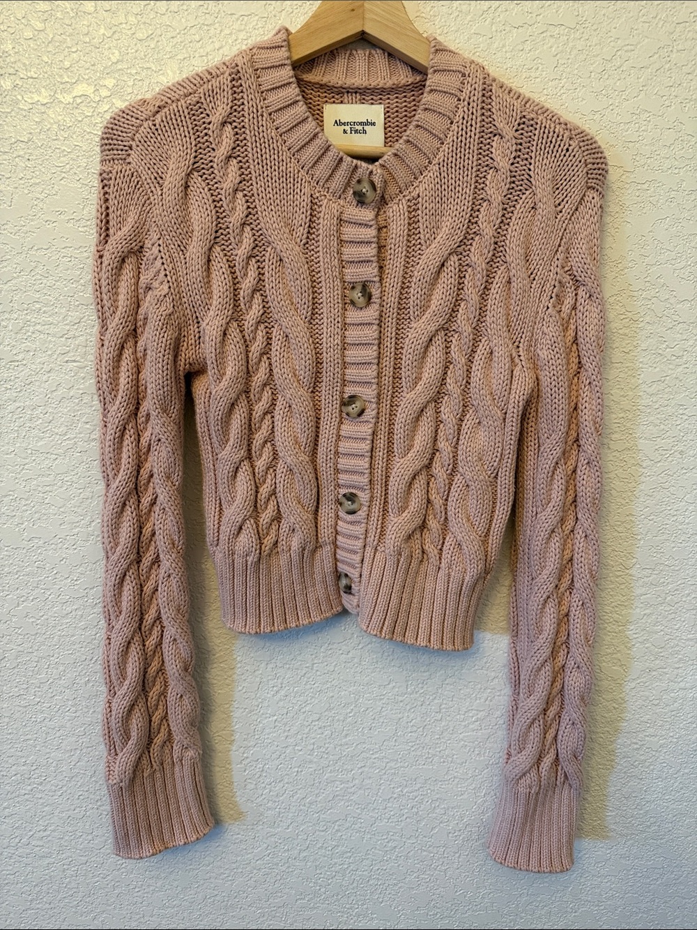 Abercrombie & Fitch Dusty Pink Cable-Knit Button Front Cardigan